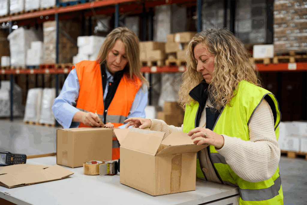 Staff Members Handling Boxes in Warehouse